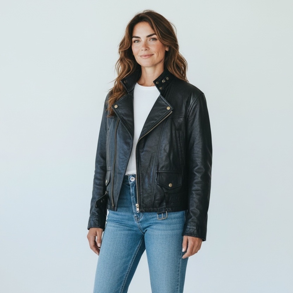 Danier Women’s Black Leather Motorcycle Jacket, Pockets, Adjustable Waist